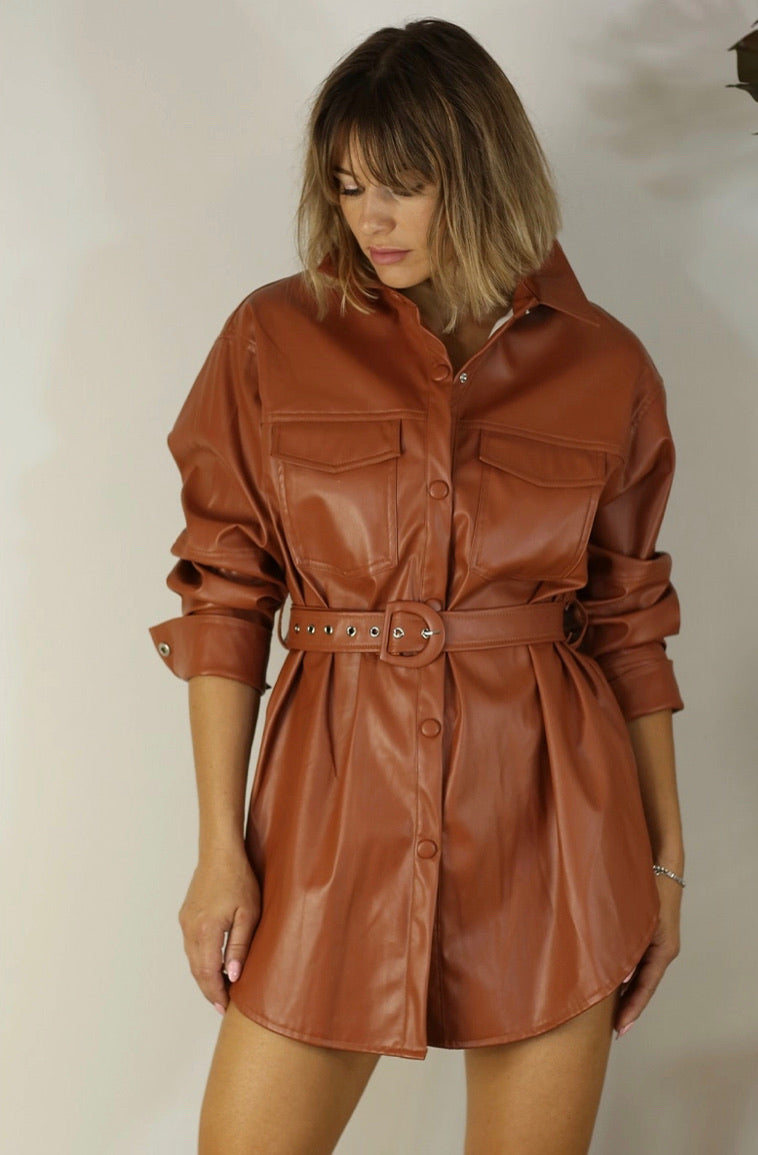 Faux Leather Belted Dress