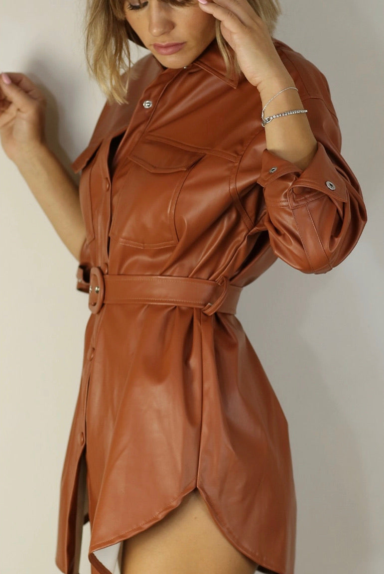 Faux Leather Belted Dress