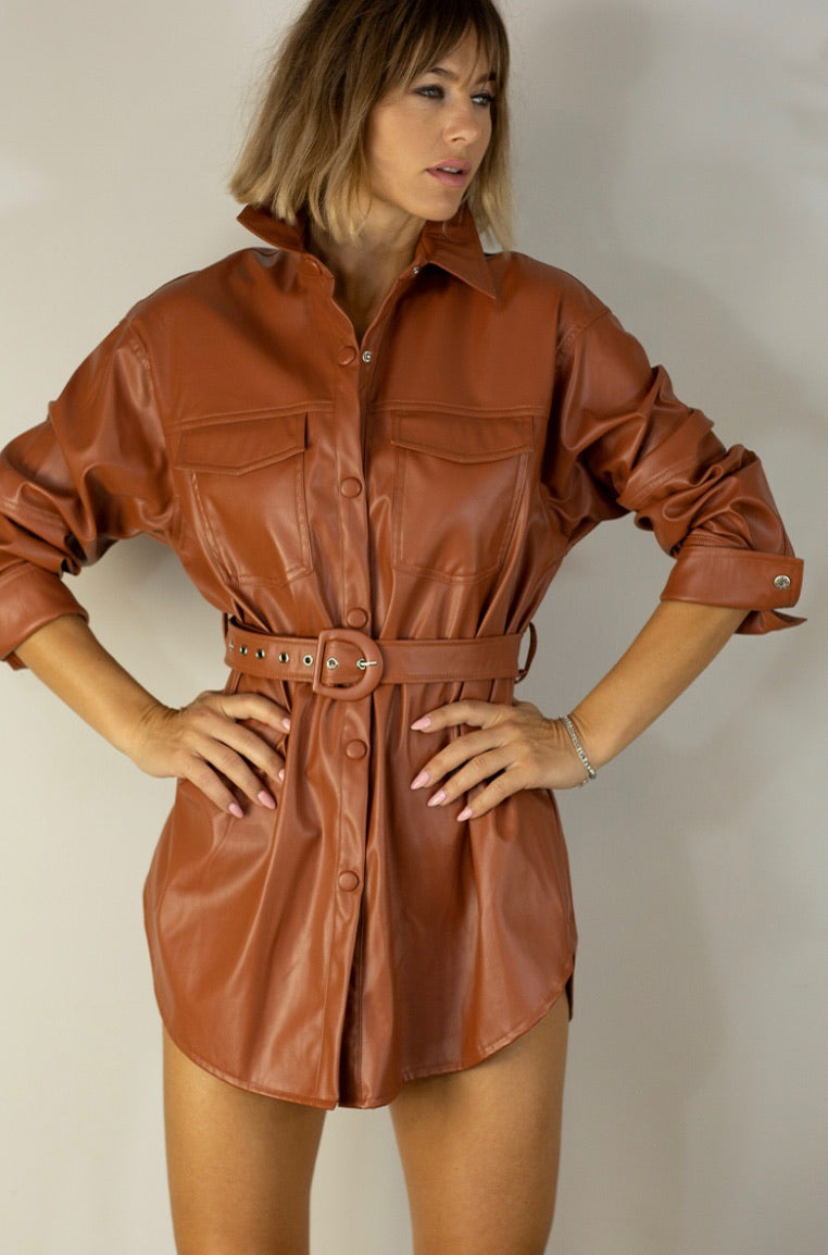 Faux Leather Belted Dress