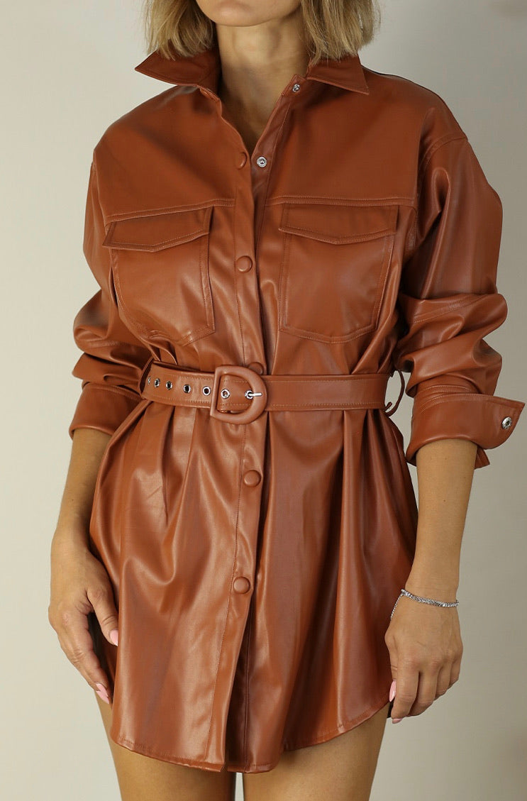 Faux Leather Belted Dress